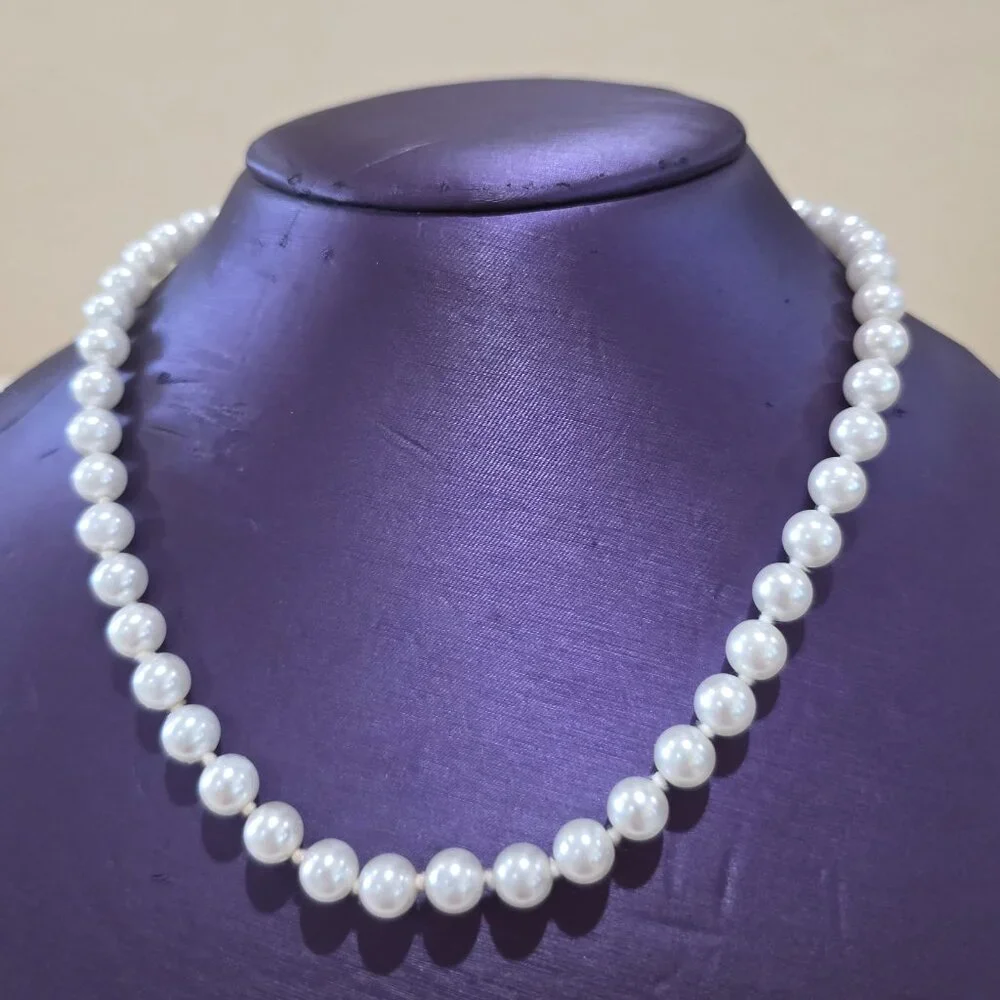 Vintage 7mm Heavy White Faux Pearl Silver Asian Design 925 Clasp 18